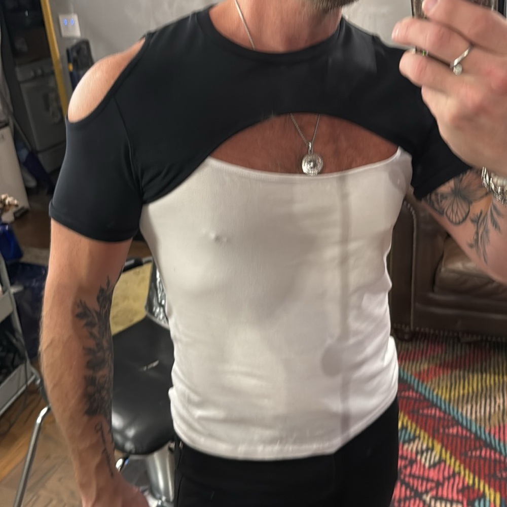 Men’s unique T-shirt with cut outs at chest and shoulder size small